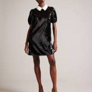 Ted Baker Black Sequin Sequin Shift Dress with Puff Sleeves